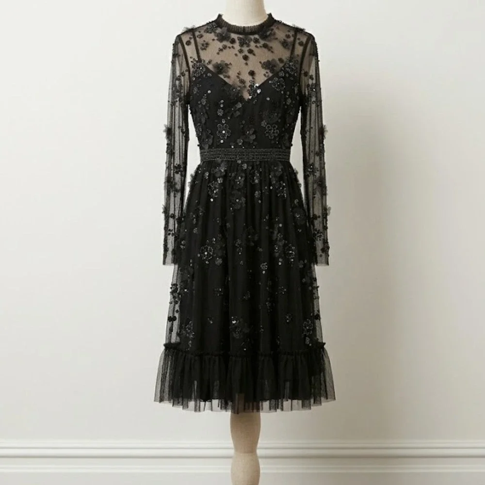 Mac Duggal Size 10 Black Floral Long Sleeve‎ Embellished Ruffle Formal Dress